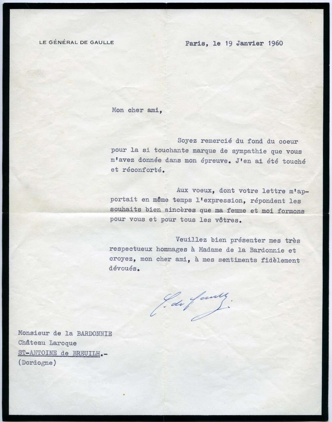Lettre De Gaulle janvier 1960